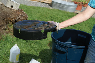 The bokashi drain pan with notches cut with a razor or jig saw