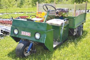 A golf cart with a dump body comes in handy for moving heavy materials around the farm.