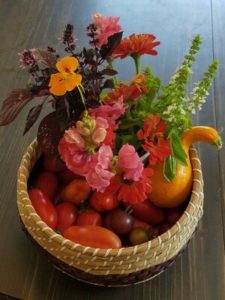 Flower and vegetable arrangement titled "Basil Bounty Basket" by Erica Haywood