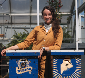 Beekeeper and MOFGA Journeyperson Thalassa Raasch tends two honeybee hives at the Blaine House, the governor’s home, in Augusta. 