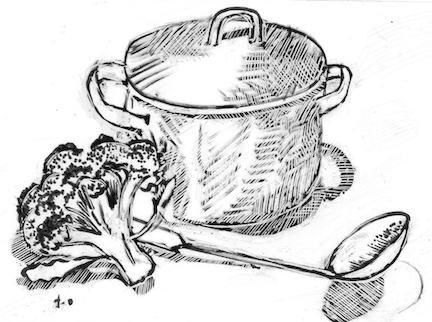 Illustration of broccoli soup in pot with ladle