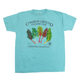 Aqua T-shirt featuring rainbow chard leaves
