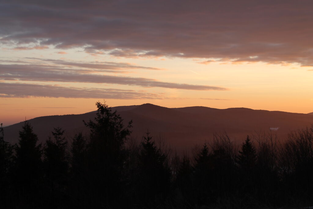 Sunset over mountains and forest