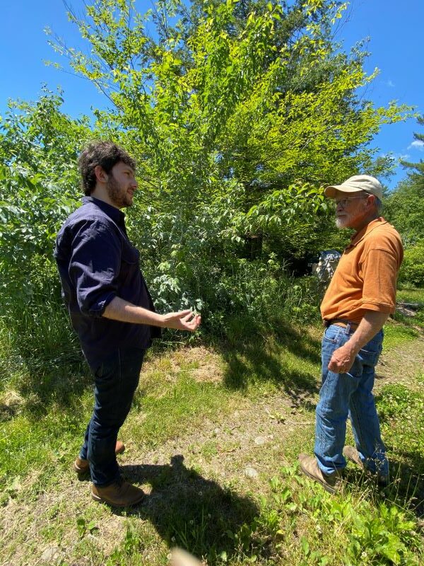 Two people talking in front of an apple tree in an orchard.