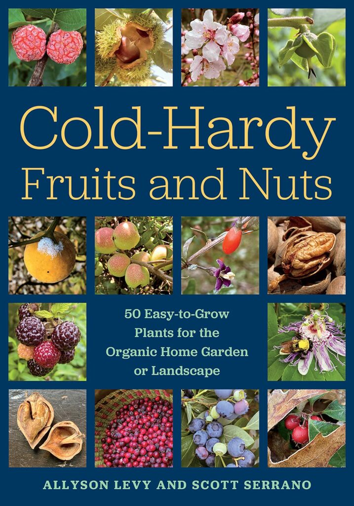 Dark blue book cover with brightly colored tree fruits and nuts with the title "Cold-Hardy Fruits and Nuts"