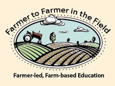 An illustrated farm scene with rolling tilled fields with a tractor, trees and clouds. Text: Farmer to farmer in the field. Farmer-led, Farm-based Education.