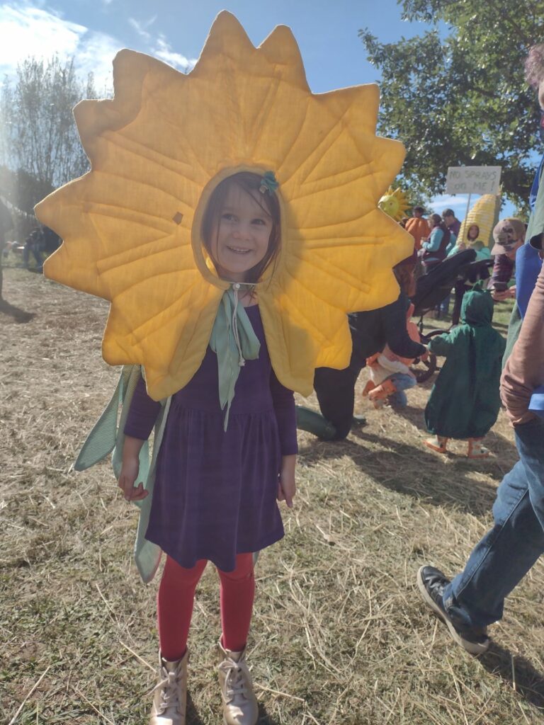 A child in a sunflower costume.