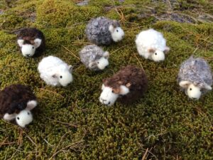 A handful of felted wool sheep on a background of moss.