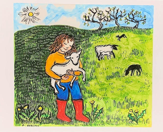 Illustration of a person holding a lamb.