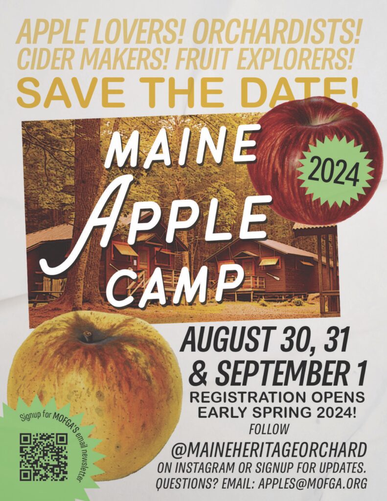 Flyer advertises the 2024 Maine Apple Camp, including details written in text on this page