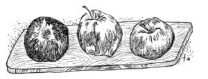illustration of three apples on a cutting board