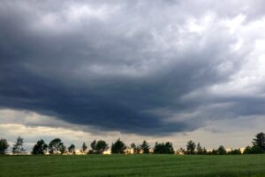 A stormy sky over a green field and forest edge.