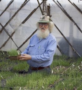 Farmer standing in a greenhouse holding onion seedlings.